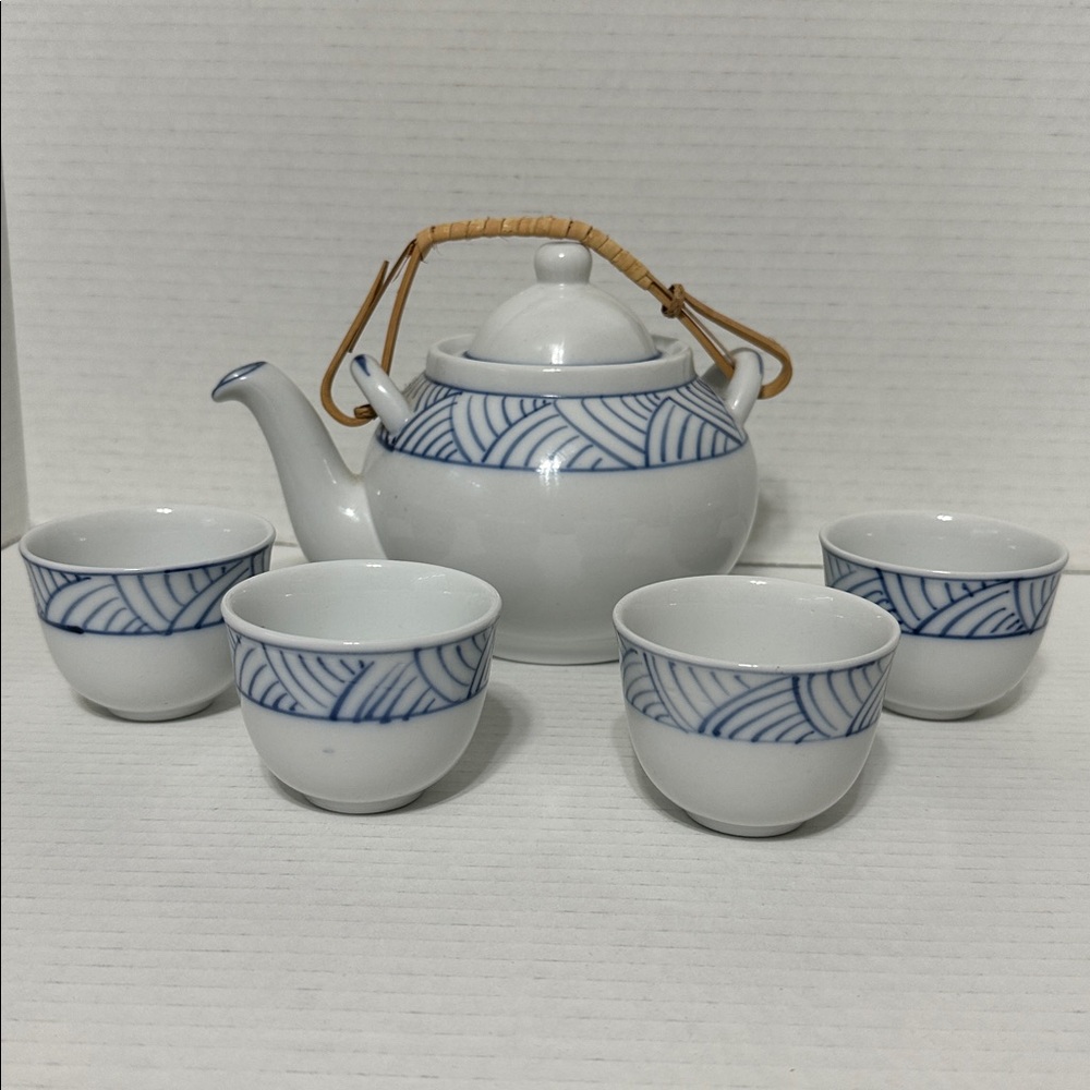 Vintage White and Blue Teapot Set with Cups by HIMARK